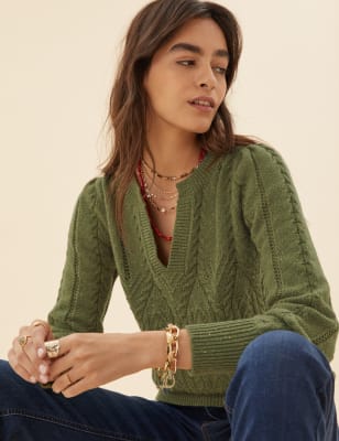 

Womens Per Una Jersey de punto trenzado con lana de escote en pico - Khaki, Khaki