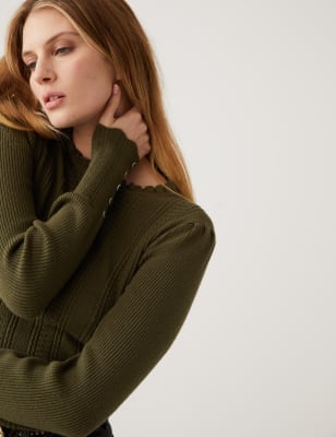 

Womens Per Una Pointelle Frill Detail Jumper with Wool - Hunter Green, Hunter Green