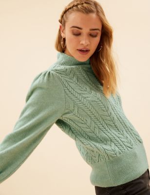 

Womens Per Una Cable Knit Funnel Neck Jumper with Wool - Dusted Mint, Dusted Mint