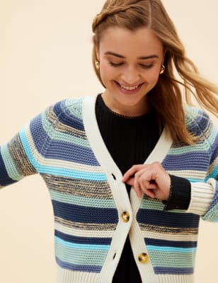 

Womens Per Una Pure Cotton Striped V-Neck Cardigan - Green Mix, Green Mix