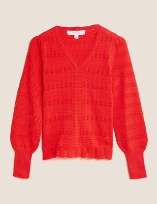 

Womens Per Una Pointelle V-Neck Blouson Sleeve Knitted Top - Flame, Flame