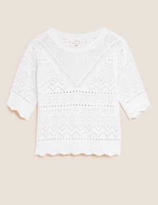 

Womens Per Una Pure Cotton Broderie Knitted Top - Ivory, Ivory