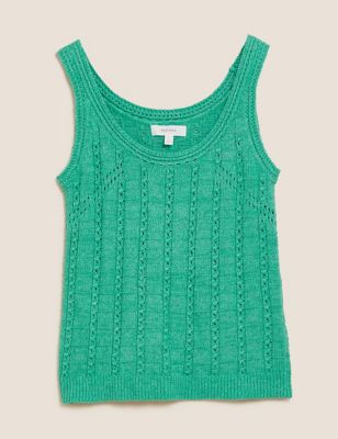 Image of Per Una Womens Cotton Rich Textured Knitted Vest - 6 - Green Mix, Green Mix,Cream