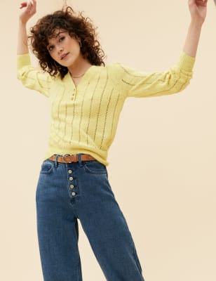

Womens Per Una Cotton Rich Pointelle V-Neck Jumper - Soft Yellow, Soft Yellow