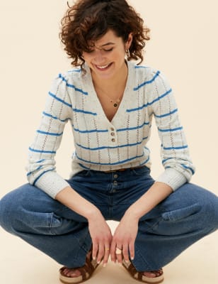 

Womens Per Una Cotton Rich Striped V-Neck Jumper - Blue Mix, Blue Mix