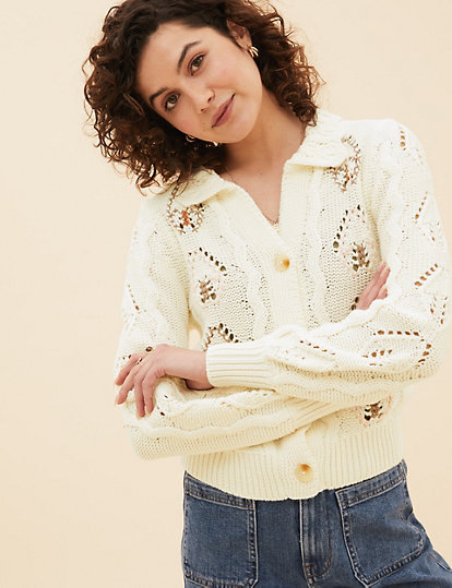 Cotton Rich Embroidered Collared Cardigan
