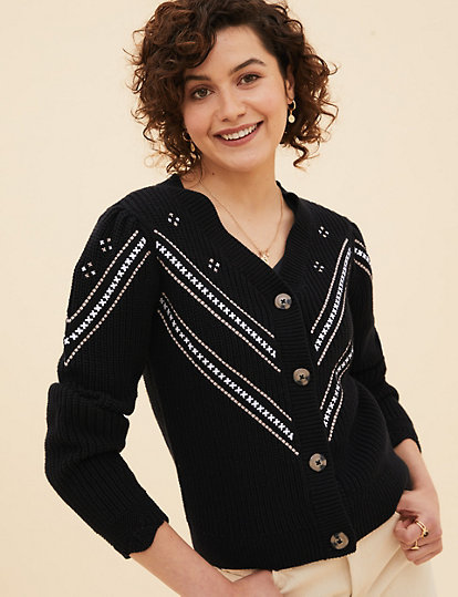 Pure Cotton Embroidered V-Neck Cardigan