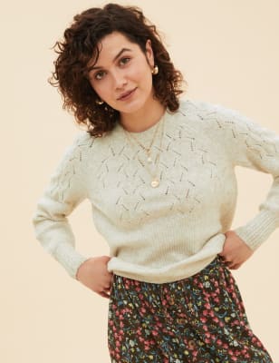 Cotton Blend Pointelle Crew Neck Jumper