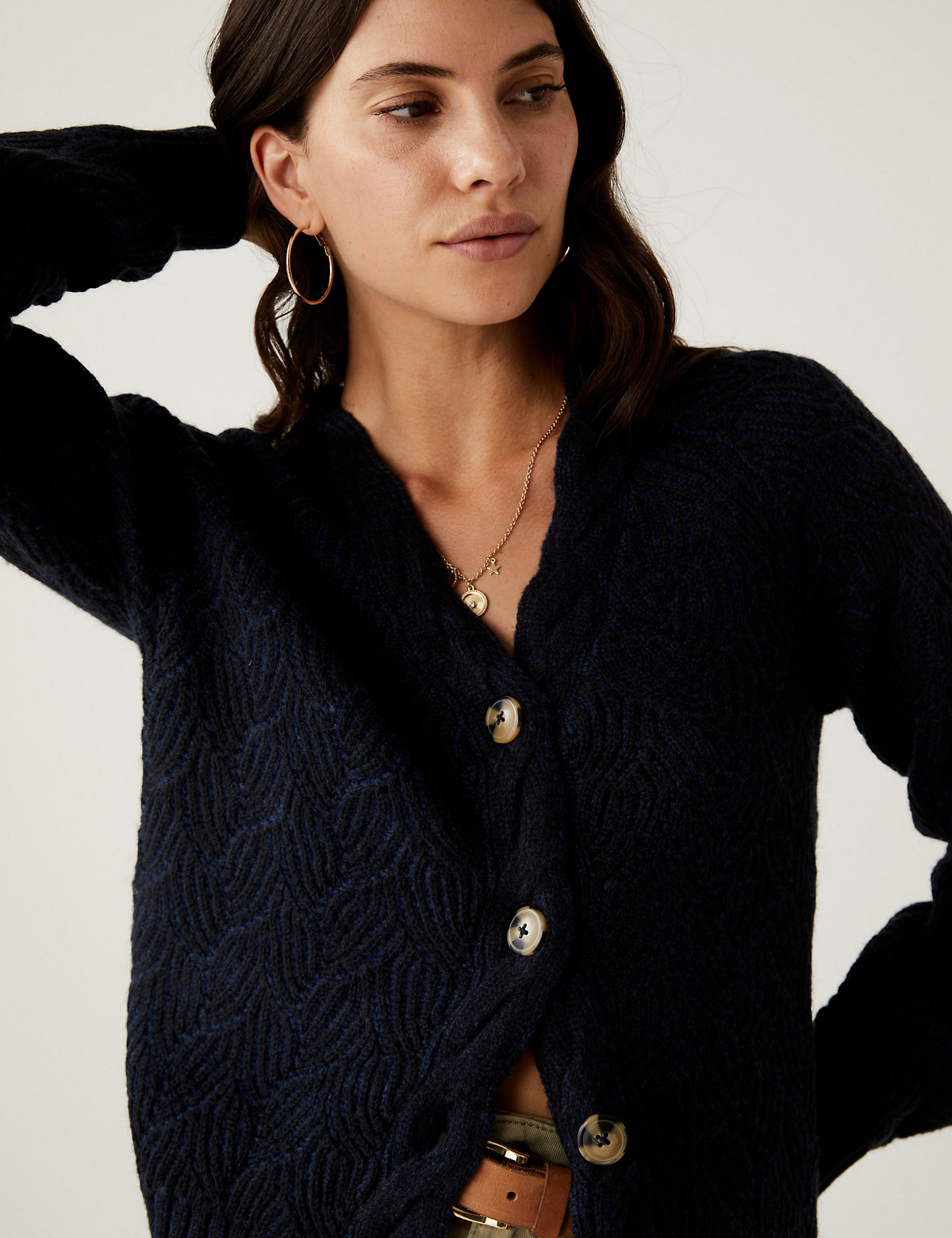 Textured V-Neck Cardigan with Wool