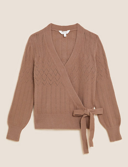 Pointelle Knitted V-Neck Wrap Cardigan