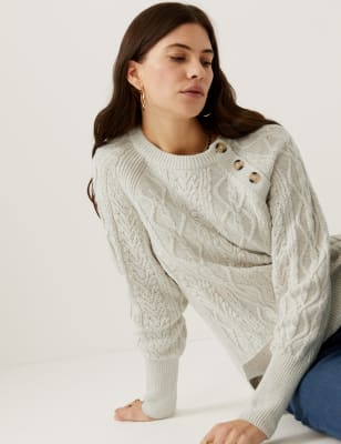 

Womens Per Una Cable Knit Button Detail Jumper with Wool - Cream Mix, Cream Mix