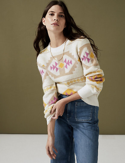 Patterned Round Neck Jumper with Wool