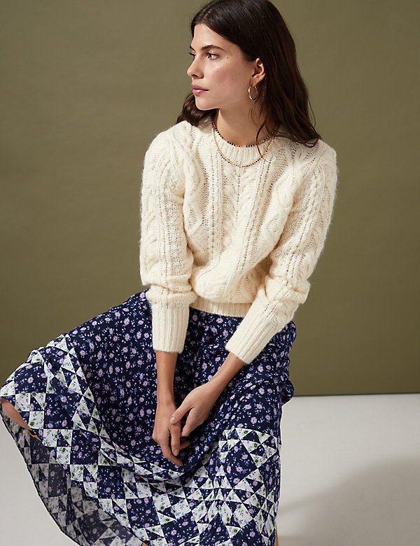 Cable Knit Puff Sleeve Jumper with Wool - SA