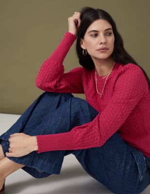 

Womens Per Una Strickoberteil mit Pointelle-Detail und Strukturmuster - Cyclamen, Cyclamen