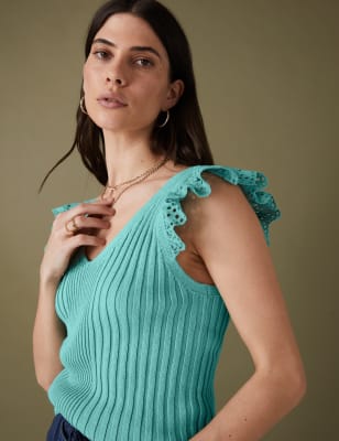 

Womens Per Una Pure Cotton Ribbed Frill Detail Knitted Top - Sea Green, Sea Green