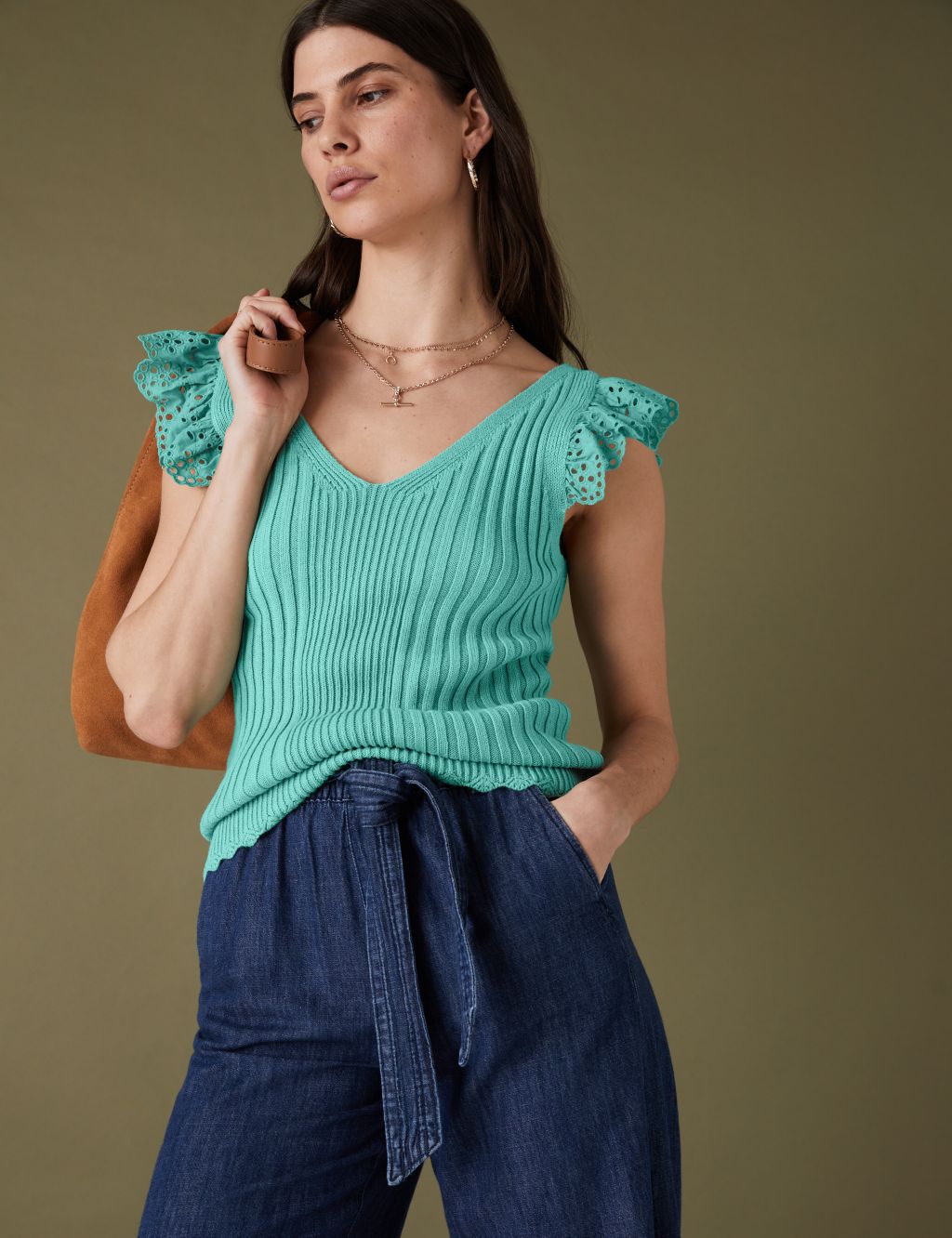 Pure Cotton Ribbed Frill Detail Knitted Top image 2