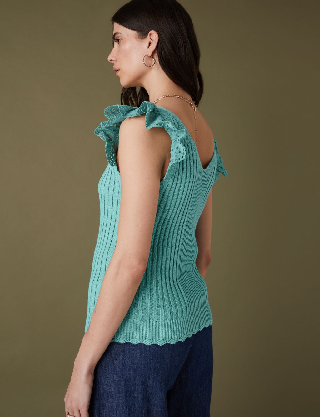 Pure Cotton Ribbed Frill Detail Knitted Top image 4