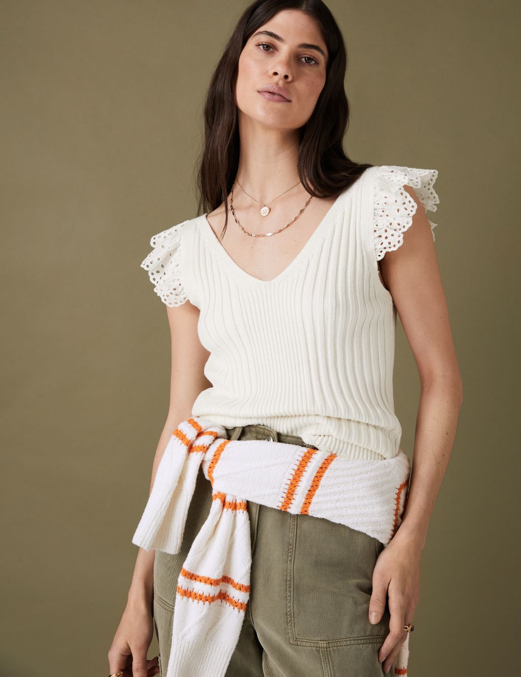 Pure Cotton Ribbed Frill Detail Knitted Top image 2