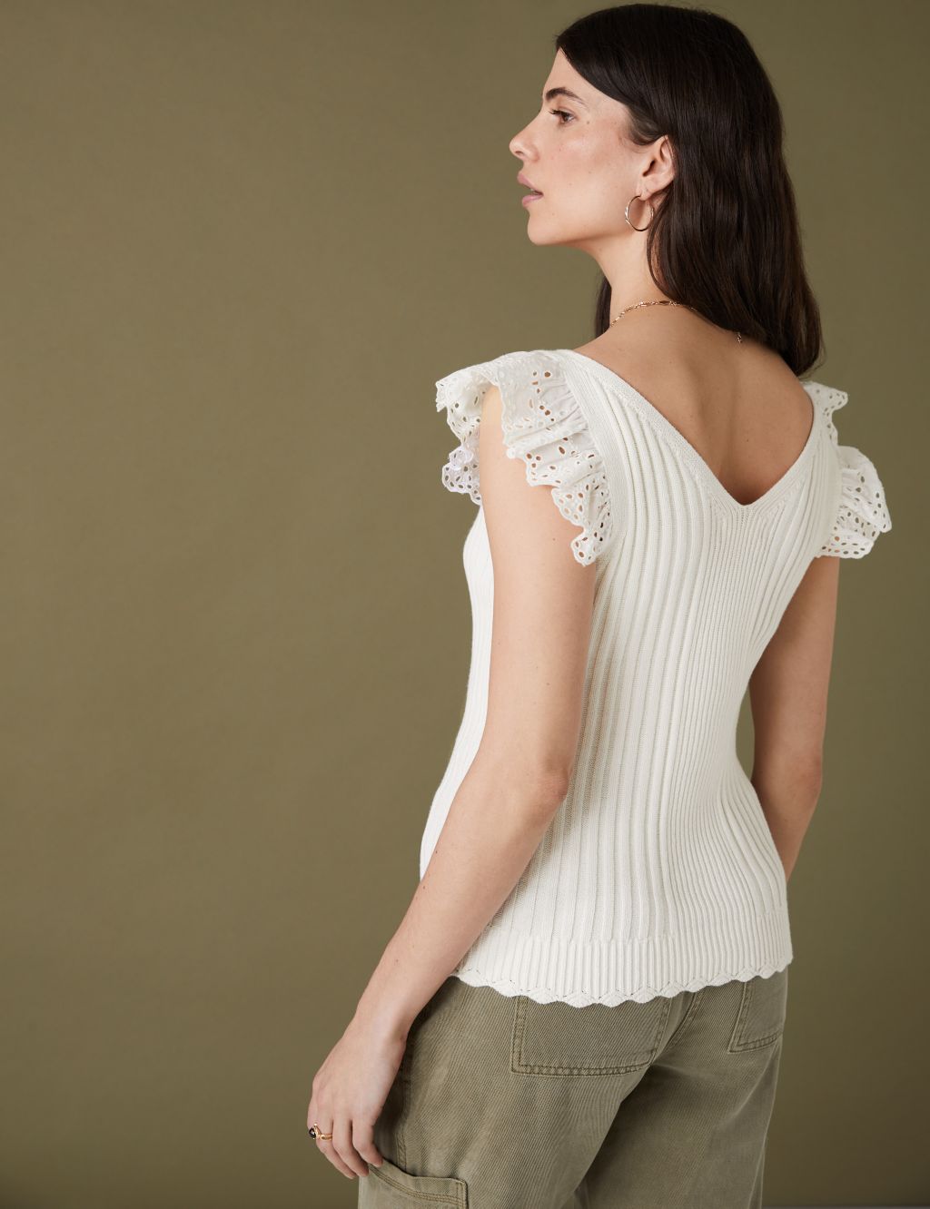 Pure Cotton Ribbed Frill Detail Knitted Top image 4