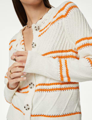 

Womens Per Una Cotton Rich Striped Cardigan - Ecru Mix, Ecru Mix