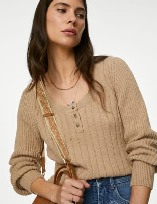 

Womens Per Una Strickoberteil mit hohem Baumwollanteil und U-Ausschnitt - Natural Mix, Natural Mix