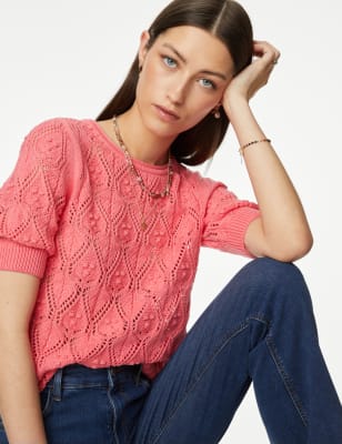 

Per Una Top de punto 100% algodón texturizado con cuello redondoWomens - Medium Pink, Medium Pink