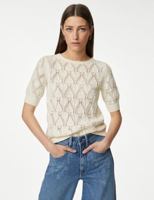 

Womens Per Una Pure Cotton Textured Round Neck Knitted Top - Ecru, Ecru