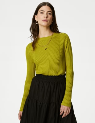 

Womens Per Una Cotton Blend Ribbed Button Detail Jumper - Winter Lime, Winter Lime