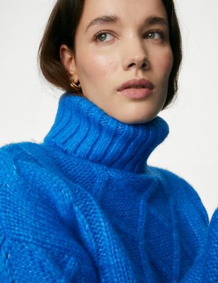 Cable Knit Roll Neck Jumper with Wool