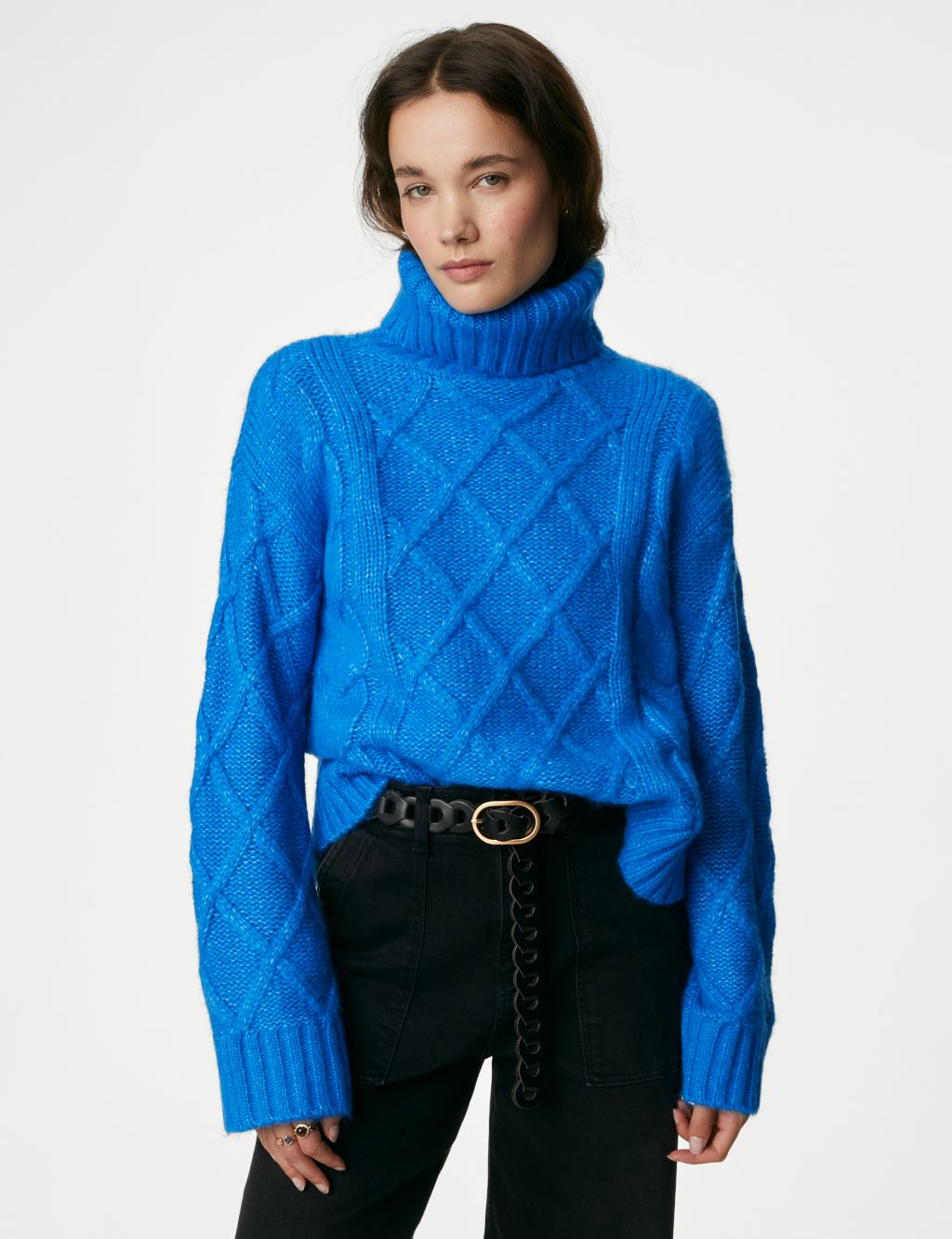 Cable Knit Roll Neck Jumper with Wool image 4