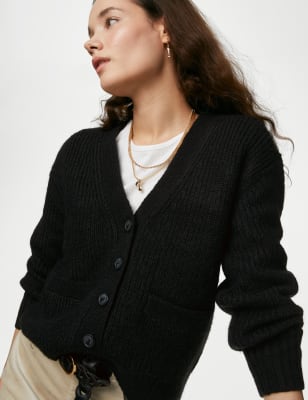 

Womens Per Una Knitted V-Neck Relaxed Cardigan with Wool - Black, Black