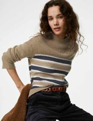 

Womens Per Una Striped Funnel Neck Jumper with Wool - Camel Mix, Camel Mix