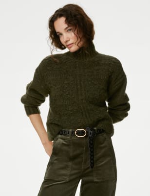 

Womens Per Una Cable Knit Longline Jumper with Wool - Hunter Green, Hunter Green