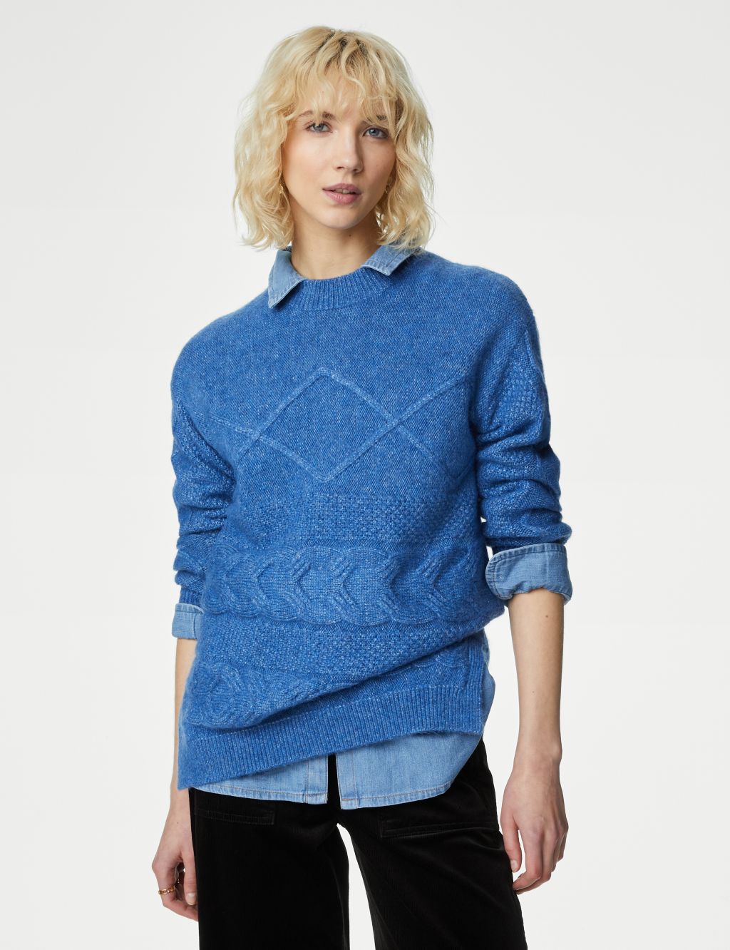 Cable Knit Round Neck Jumper with Wool image 3