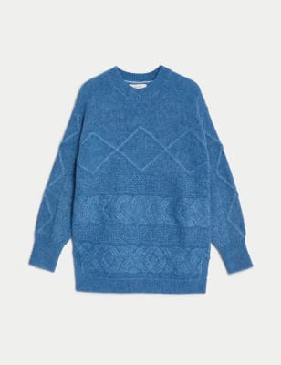 Cable Knit Round Neck Jumper with Wool