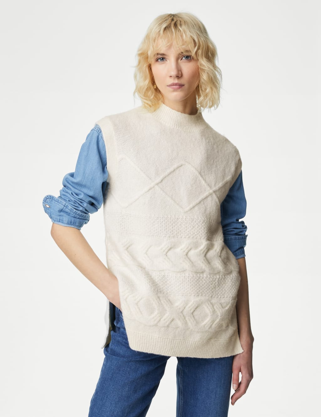 Cable Knit Longline Jumper with Wool