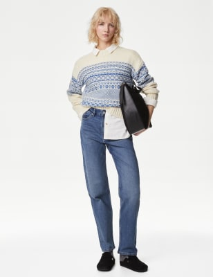 

Womens Per Una Fair Isle Ribbed Jumper with Wool - Blue Mix, Blue Mix