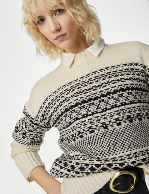 

Womens Per Una Gerippter Pullover mit Norwegermuster und Wollanteil - Cream Mix, Cream Mix