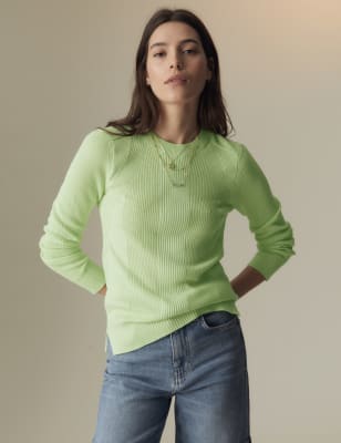 Cotton Blend Ribbed Round Neck Jumper