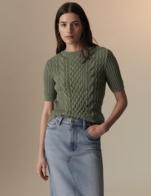 Pure Cotton Cable Knit Short Sleeve Top - PT