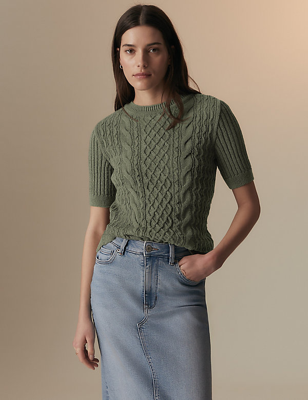 Pure Cotton Cable Knit Short Sleeve Top - HR