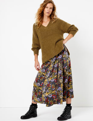 Satin Floral Print Wrap Midi Skirt 