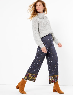 Satin Floral Wide Leg Cropped Trousers