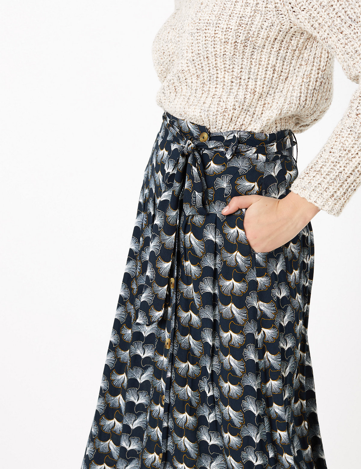 Printed Button Front Midi Skirt