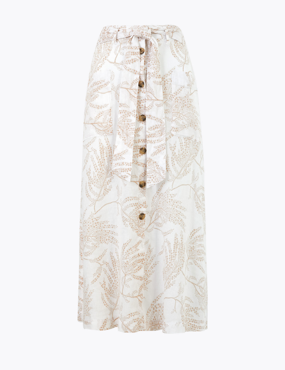 Linen Blend Printed Midi A-Line Skirt