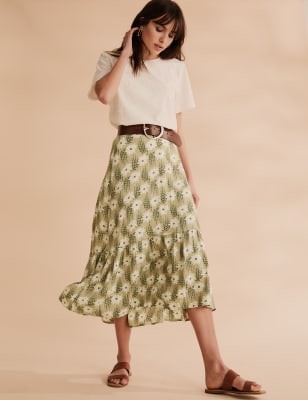 Womens Per Una Floral Tiered Midi Skater Skirt - Khaki Mix