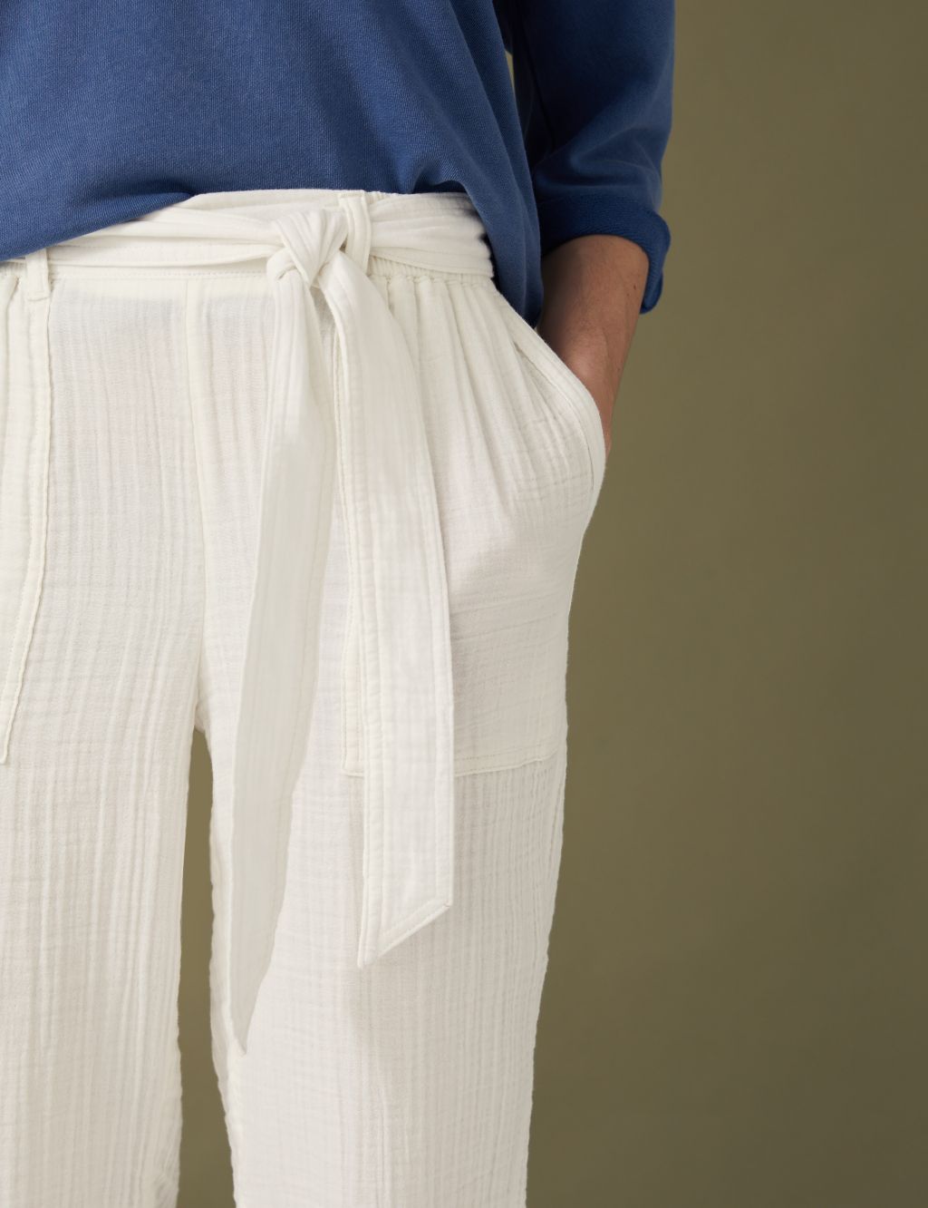 Pure Cotton Belted Tapered Trousers image 4