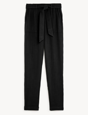 Pure Cotton Belted Tapered Trousers