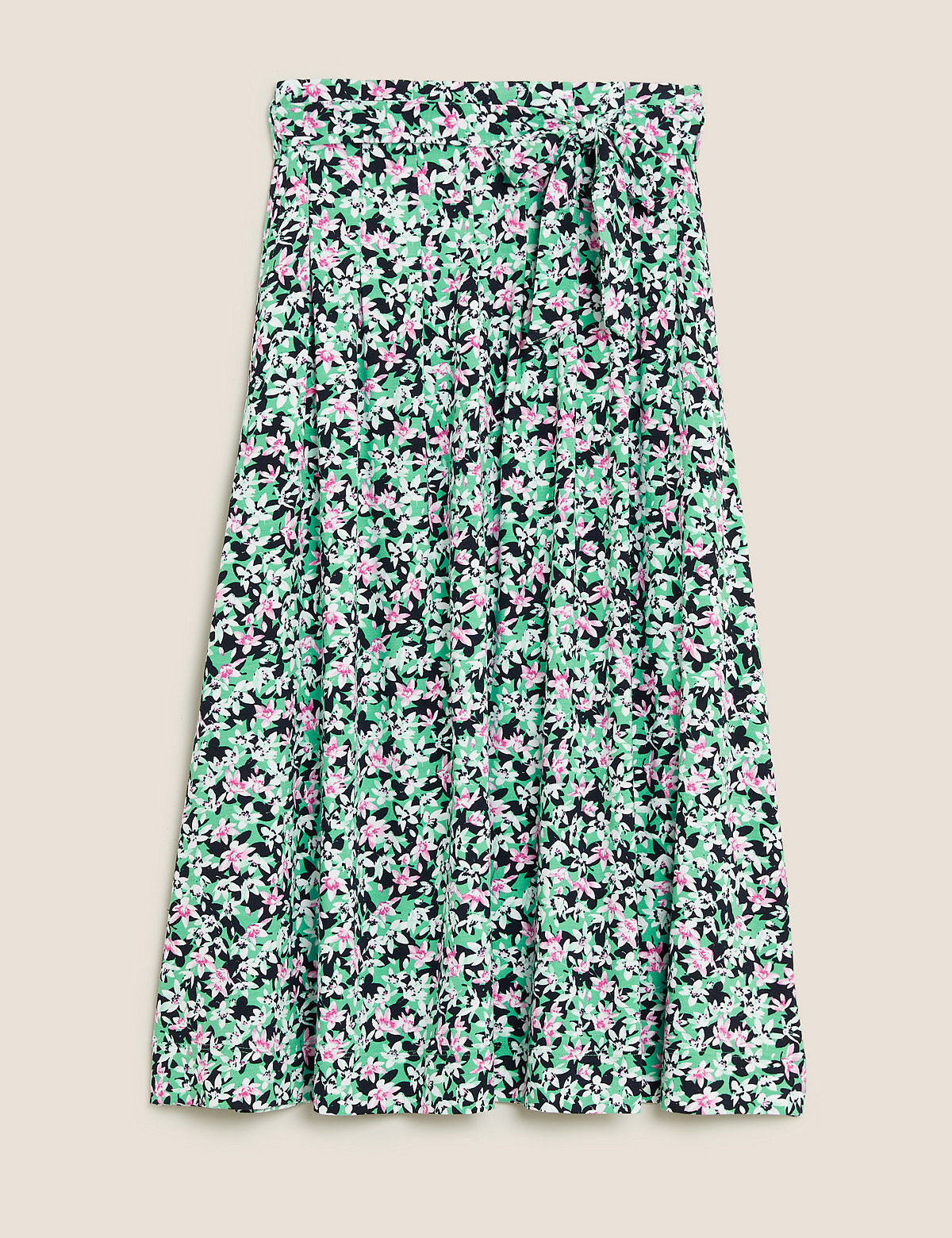 Jersey Floral Belted Midi A-Line Skirt