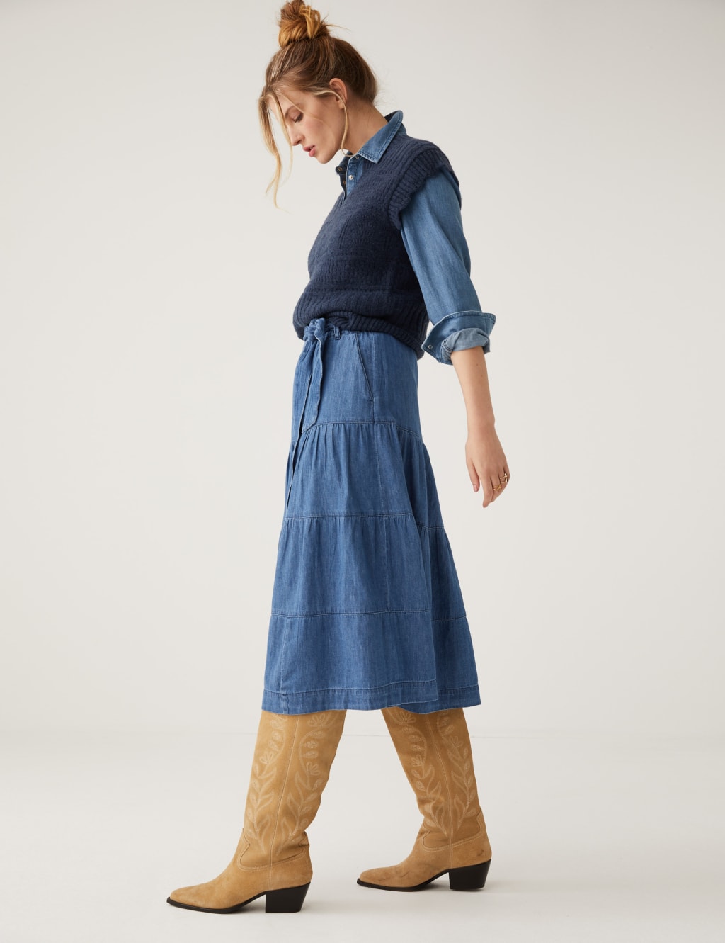 Denim Midi Tiered Skirt image 1